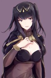 Rule 34 | 1girl, aiueo1234853, bad id, bad twitter id, black eyes, black hair, bodysuit, breasts, cape, cleavage, fire emblem, fire emblem awakening, highres, long hair, matching hair/eyes, medium breasts, navel, nintendo, parted lips, short twintails, simple background, smile, solo, tharja (fire emblem), tiara, twintails, two side up, upper body
