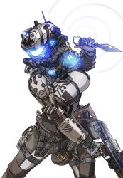 Rule 34 | 1girl, animification, assault rifle, bodysuit, chest harness, gloves, glowing, grey bodysuit, grey gloves, gun, harness, holding, holding gun, holding knife, holding weapon, knife, kotone a, leaning to the side, pilot (titanfall 2), pulse blade pilot (titanfall 2), rifle, science fiction, simple background, solo, thigh strap, titanfall (series), titanfall 2, trigger discipline, v-47 flatline, weapon, white background