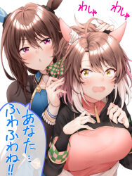 Rule 34 | 2girls, admire vega (umamusume), ahoge, animal ears, blush, breasts, brown eyes, brown hair, commentary request, dantsu flame (umamusume), from behind, hair between eyes, hair ornament, highres, horse ears, horse girl, large breasts, medium hair, multiple girls, open mouth, ponytail, red hayao, sweat, translated, triangle mouth, umamusume, white background
