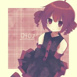 Rule 34 | 1girl, abj3 0, absurdres, bare shoulders, black shirt, black skirt, black sleeves, buttons, closed mouth, detached sleeves, drill hair, hashtag-only commentary, highres, kasane teto, long sleeves, looking at viewer, miniskirt, outside border, plaid, plaid background, pleated skirt, red eyes, red hair, shirt, short hair, sitting, skirt, sleeveless, sleeveless shirt, smile, solo, thighhighs, twin drills, upper body, utau