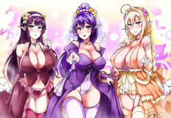 Rule 34 | 3girls, absurdres, ahoge, bare shoulders, blonde hair, blush, bolobolo, braid, breasts, cameltoe, choker, cleavage, cleft of venus, collarbone, covered navel, dress, elbow gloves, elf, female focus, fingerless gloves, flower, garter straps, gloves, grey eyes, hair ornament, hairband, heart, heart-shaped pupils, highres, jewelry, large breasts, leotard, long hair, long skirt, looking at viewer, multiple girls, navel, necklace, nipples, open clothes, open skirt, panties, pointy ears, ponytail, purple eyes, purple hair, revealing clothes, see-through, sideboob, skirt, smile, standing, symbol-shaped pupils, thighhighs, thighs, underwear, veil, white legwear