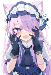 Rule 34 | 1girl, animal ear fluff, animal ears, black gloves, blue vest, blush, commentary request, fangs, gloves, hair over one eye, hands up, highres, long hair, looking at viewer, nibiiro shizuka, open mouth, original, puffy short sleeves, puffy sleeves, purple eyes, purple hair, shirt, short sleeves, simple background, solo, stitches, sweat, very long hair, vest, white background, white shirt