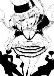 Rule 34 | 1girl, bare legs, breasts, chain, cleavage, clothes pull, greyscale, hair between eyes, heart, hecatia lapislazuli, highres, himajin noizu, looking at viewer, medium breasts, monochrome, open mouth, pulled by self, shirt, shirt pull, short sleeves, silhouette, simple background, skirt, solo, standing, tongue, tongue out, touhou, white background