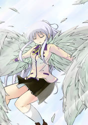 Rule 34 | 10s, 1girl, angel beats!, blazer, closed eyes, highres, kuwagata, long hair, outstretched arms, school uniform, silver hair, spread arms, tenshi (angel beats!), wings