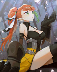 Rule 34 | 1girl, :o, black leotard, black thighhighs, breasts, cleavage, cleavage cutout, clothing cutout, commentary, english commentary, from side, green eyes, green hair, hair behind ear, klaeia, leotard, looking up, mahou arms, medium breasts, metal gloves, multicolored hair, open hand, open mouth, pointy ears, ponytail, skirt, solo, streaked hair, susan (mahou arms), thighhighs, yellow skirt