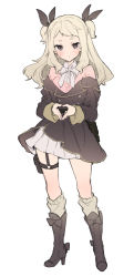 Rule 34 | 1girl, black bow, black footwear, black jacket, blonde hair, boots, bow, fidgeting, full body, hair bow, high heel boots, high heels, highres, ikeuchi tanuma, jacket, leg warmers, long sleeves, looking at viewer, off shoulder, original, own hands together, pink sweater, pouch, simple background, solo, sweater, sweater jacket, thigh pouch, two side up, white background