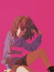 Rule 34 | 1girl, brown hair, choco rabbitt, frisk (undertale), from side, gold, highres, light, looking back, shirt, short hair, shorts, simple background, sweater, undertale, yellow eyes