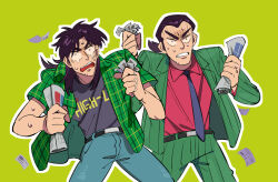 Rule 34 | 2boys, band shirt, banknote, belt, black belt, black hair, black shirt, clenched teeth, collared shirt, commentary request, cowboy shot, facial scar, formal, gin to kin, green background, green jacket, green pants, green shirt, grey necktie, holding, holding money, holding newspaper, inudori, itou kaiji, jacket, kaiji, long hair, long sleeves, low ponytail, male focus, medium bangs, merchandise, money, morita tetsuo, multiple boys, necktie, newspaper, open mouth, outline, pants, parted bangs, pinstripe pattern, pinstripe suit, plaid, plaid shirt, red shirt, rolled up newspaper, scar, scar on cheek, scar on face, scar on hand, shirt, shirt tucked in, short hair, short sleeves, striped clothes, striped jacket, striped pants, suit, sweat, teeth, the high-lows, upper teeth only, v-shaped eyebrows, vertical-striped clothes, vertical-striped jacket, vertical-striped pants, wavy eyes, white outline