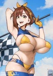 Rule 34 | 2girls, absurdres, arm behind head, arm up, armpits, arms up, artist name, atelier (series), atelier ryza, aurahack, bikini, blue legwear, blue sky, breasts, brown eyes, brown hair, bursting breasts, checkered flag, chibi, earrings, female focus, flag, highres, huge breasts, jewelry, lila decyrus, long hair, multiple girls, navel, race queen, reisalin stout, short shorts, shorts, skindentation, sky, solo focus, swimsuit, thick thighs, thighhighs, thighs, underboob, yellow bikini
