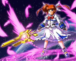 Rule 34 | 00s, 1girl, black gloves, blue eyes, bow, capelet, clenched hands, determined, expressionless, feathers, fingerless gloves, floating, full body, gloves, holding, holding weapon, long sleeves, lyrical nanoha, magazine (weapon), magic circle, magical girl, mahou shoujo lyrical nanoha, mahou shoujo lyrical nanoha a&#039;s, planet, polearm, purple eyes, raising heart, raising heart (buster mode), red bow, red hair, shoes, solo, space, takamachi nanoha, takamachi nanoha (sacred mode), twintails, uniform, weapon, white devil, winged footwear, wings