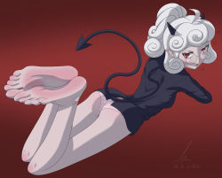 Rule 34 | 1girl, ass, barefoot, demon tail, feet, glasses, helltaker, highres, horns, long hair, looking at viewer, lying, on stomach, pandemonica (helltaker), panties, parted lips, pointy ears, ponytail, red eyes, silver hair, soles, tail, toes, underwear