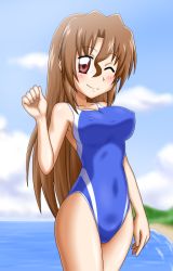 Rule 34 | 1girl, beach, breasts, brown hair, competition swimsuit, covered erect nipples, goriate, hayate no gotoku!, long hair, maria (hayate no gotoku!), ocean, one-piece swimsuit, one eye closed, red eyes, smile, solo, swimsuit, wink