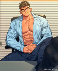 Rule 34 | 1boy, abs, bara, black socks, collared shirt, dark-skinned male, dark skin, denim, facial hair, glasses, goatee stubble, head tilt, interlocked fingers, jeans, large pectorals, looking at viewer, male focus, muscular, muscular male, navel, open clothes, open shirt, original, own hands together, pants, pectorals, presenting foot, seductive smile, shirt, short hair, smile, socks, solo, stomach, stubble, thick eyebrows, youchi123