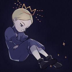 Rule 34 | 1boy, black background, black footwear, blonde hair, closed mouth, commentary request, crossed arms, daida, looking down, male focus, nikomi (nikomix), ousama ranking, pants, parted bangs, pointy nose, purple robe, robe, shoes, short hair, sitting, solo, white pants