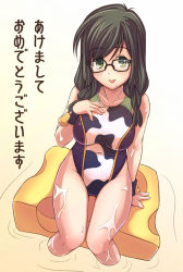 Rule 34 | 1girl, :p, akeome, animal print, bell, black hair, braid, competition swimsuit, cow print, e20, glasses, green eyes, houzumi kaede, long hair, new year, one-piece swimsuit, original, solo, swimsuit, tongue, tongue out, water, wet, yellow eyes