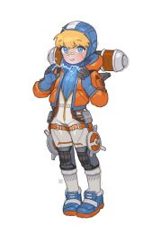 Rule 34 | 1girl, absurdres, aged down, animification, apex legends, bandaid, bandaid on face, bandaid on nose, blue bodysuit, blue eyes, blue footwear, blue gloves, blue headwear, bodysuit, child, commentary, electricity, english commentary, facial scar, gloves, highres, hood, hooded bodysuit, hooded jacket, jacket, knee pads, open hands, opossumachine, orange jacket, parted lips, ribbed bodysuit, scar, scar on cheek, scar on face, smile, solo, wattson (apex legends), white background, white bodysuit