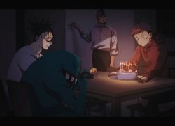Rule 34 | 3boys, bad id, bad twitter id, birthday cake, birthday party, black border, black hair, black pants, border, cake, candle, chair, choso (jujutsu kaisen), closed mouth, collared shirt, dark, eso (jujutsu kaisen), facial mark, facial tattoo, food, fruit, full body, highres, holding, hood, hood down, hoodie, indoors, itadori yuuji, jujutsu kaisen, kechizu (jujutsu kaisen), letterboxed, long sleeves, looking at another, majo (nxikhwztef3cjyk), male focus, monster, multiple boys, pants, party popper, pink hair, red hoodie, shirt, short hair, short twintails, shorts, strawberry, table, tattoo, twintails, white shirt