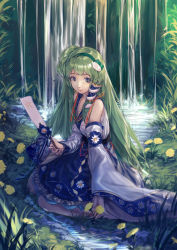 Rule 34 | 1girl, absurdres, bad id, bad pixiv id, bare shoulders, blue skirt, closed mouth, congming lan, dandelion, detached sleeves, floral print, flower, frilled skirt, frills, frog hair ornament, from side, full body, gohei, grass, green eyes, green hair, green hairband, hair ornament, hair tubes, hairband, highres, holding, holding gohei, kochiya sanae, lips, long hair, looking at viewer, on ground, outdoors, sitting, skirt, smile, snake hair ornament, solo, touhou, very long hair, vest, wariza, water, waterfall, white sleeves, white vest, yellow flower