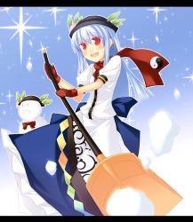 Rule 34 | 1girl, blue hair, female focus, hat, hinanawi tenshi, letterboxed, mittens, nu (plastic eraser), outdoors, red eyes, scarf, shovel, sky, snow, snow shovel, snowman, solo, standing, touhou, worktool