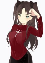 Rule 34 | 1girl, :d, arm up, bad id, bad tumblr id, black bow, black skirt, blush, bow, breasts, brown hair, fate/stay night, fate (series), green eyes, hair bow, long hair, long sleeves, lpip, medium breasts, open mouth, red sweater, skirt, smile, solo, sweater, tohsaka rin, twintails, two side up, upper body