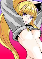 Rule 34 | 1girl, arms up, big hair, blonde hair, breasts, clothes lift, eyelashes, gradient background, grey shirt, gundam, gundam tekketsu no orphans, hair over shoulder, highres, kudelia aina bernstein, lips, long hair, long sleeves, looking at viewer, looking to the side, multicolored hair, navel, nipples, osusowake, parted lips, pink background, ponytail, purple background, purple eyes, purple hair, shirt, shirt lift, solo, streaked hair, toned, upper body