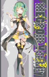 Rule 34 | 1girl, ;), animal collar, black dress, black footwear, black thighhighs, blue eyes, boots, buckle, cable, cd, character name, collar, cosplay, dress, flat chest, full body, green hair, gumi, hand on own hip, head tilt, highres, index finger raised, lily (vocaloid), lily (vocaloid) (cosplay), looking at viewer, multicolored clothes, multicolored skirt, navel, nou (nounknown), one eye closed, revealing clothes, short hair, sidelocks, silhouette, skirt, smile, solo, standing, stomach, thigh boots, thigh strap, thighhighs, vocaloid, white skirt, wire, wristband, yellow skirt, zettai ryouiki