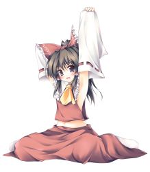 Rule 34 | 1girl, armpits, arms up, bow, breasts, brown hair, detached sleeves, female focus, hair bow, hakurei reimu, highres, japanese clothes, meme, miko, non-web source, short hair, sideboob, sitting, small breasts, solo, tateha (marvelous grace), touhou