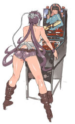 Rule 34 | 1girl, ass, backless outfit, bare back, bare shoulders, belt, boots, breasts, brown footwear, cutoffs, denim, denim shorts, junny, knee boots, large breasts, original, pinball, pocket, ponytail, purple hair, shorts, sideboob, simple background, solo, sweatband, white background