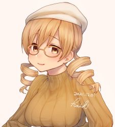 Rule 34 | 1girl, beret, blush, breasts, casual, closed mouth, dated, drill hair, glasses, hat, kazabuki poni, large breasts, long sleeves, looking at viewer, mahou shoujo madoka magica, mahou shoujo madoka magica (anime), ribbed sweater, signature, simple background, smile, solo, sweater, tareme, tomoe mami, turtleneck, turtleneck sweater, twin drills, upper body, white background, white hat, yellow-framed eyewear, yellow eyes, yellow sweater, yellow theme