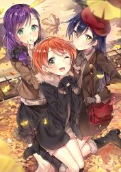 Rule 34 | 10s, 3girls, :o, ;d, autumn leaves, bag, black footwear, black skirt, blue hair, blurry, boots, brown shorts, depth of field, falling leaves, from above, fur-trimmed legwear, fur boots, fur trim, green eyes, hand on own chest, hand to own mouth, handbag, hoshizora rin, jacket, knee boots, lamp, leaf, leg up, lily white (love live!), looking at viewer, love live!, love live! school idol festival, love live! school idol project, maple leaf, miniskirt, multiple girls, one eye closed, open mouth, orange hair, paw pose, purple hair, shorts, skirt, smile, sonoda umi, sweater, tojo nozomi, yellow eyes, yuran