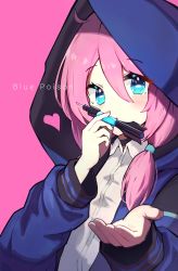 Rule 34 | 1girl, ahoge, arknights, blue eyes, blue jacket, blue poison (arknights), character name, closed mouth, collared shirt, dart, greypidjun, hand up, heart, highres, holding, holding dart, hood, hood up, hooded jacket, jacket, long hair, long sleeves, looking at viewer, low twintails, open clothes, open jacket, pink background, pink hair, shirt, simple background, solo, twintails, upper body, white shirt
