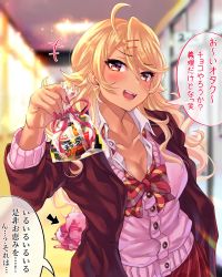 Rule 34 | 1girl, absurdres, ahoge, amaryllis gumi, blonde hair, blush, breasts, cardigan, cleavage, collarbone, commentary request, dark-skinned female, dark skin, earrings, fang, female focus, fingernails, gift, gyaru, hair ornament, hairclip, highres, holding, holding gift, jewelry, large breasts, looking at viewer, nail polish, open mouth, ouga saki, pink nails, round teeth, shashaki, solo, star (symbol), star earrings, teeth, translated, valentine, virtual youtuber, yellow eyes