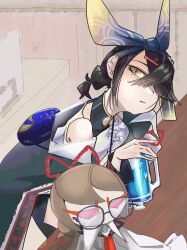 Rule 34 | 1girl, black hair, breasts, brown eyes, clothing cutout, cup, enginate, fate/grand order, fate (series), hair over one eye, hair ribbon, hairband, highres, jacket, long sleeves, looking at viewer, mole, mole under eye, mug, off shoulder, open clothes, open jacket, ribbon, shirt, short hair, short twintails, shoulder cutout, small breasts, solo, stuffed toy, twintails, white jacket, white shirt, xu fu (event portrait) (fate), xu fu (fate), yu mei-ren (fate)
