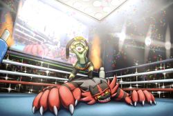 Rule 34 | commentary, confetti, creature, creatures (company), animal crossing, english commentary, furry, game freak, gen 7 pokemon, highres, incineroar, lying, nintendo, on stomach, otakuap, pokemon, pokemon (creature), isabelle (animal crossing), super smash bros., victory pose, wrestling, wrestling outfit, wrestling ring