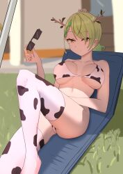 Rule 34 | 1girl, angelchama, animal print, antlers, bare shoulders, bikini, braid, braided bangs, branch, breasts, cameltoe, ceres fauna, cleavage, closed mouth, collarbone, cow print, cow print bikini, day, flower, glasses, green hair, hair ornament, highres, holding, holding removed eyewear, hololive, hololive english, horns, knee up, large breasts, long hair, looking at viewer, lying, mole, mole under eye, multicolored hair, outdoors, print bikini, smile, solo, streaked hair, sunglasses, swimsuit, thighhighs, unworn eyewear, virtual youtuber, yellow eyes