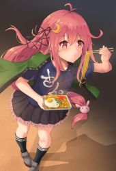 Rule 34 | 1girl, ahoge, black skirt, blue shirt, rabbit hair ornament, chopsticks, clothes on shoulders, clothes writing, commentary request, crescent, crescent hair ornament, eating, egg (food), food, fried egg, frilled skirt, frills, full body, hair ornament, hair ribbon, happi, highres, japanese clothes, k jie, kantai collection, long hair, noodles, pink hair, ribbon, shirt, skirt, solo, standing, t-shirt, uzuki (kancolle), yakisoba