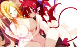 Rule 34 | 1girl, absurdres, ass, bare shoulders, blonde hair, breasts, completely nude, disgaea, etna (disgaea), closed eyes, flat chest, healer (disgaea), highres, huge breasts, inverted nipples, long hair, looking back, nanozenzen, nude, penis shadow, pointy ears, red eyes, red hair, slit pupils