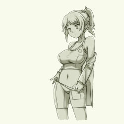 Rule 34 | 10s, 1girl, bike shorts, breasts, clothes pull, cowboy shot, cropped legs, female focus, gundam, gundam build fighters, gundam build fighters try, hoshino fumina, large breasts, monochrome, navel, off shoulder, pas (paxiti), ponytail, pulling own clothes, scrunchie, shorts, shorts pull, simple background, sketch, solo, sports bra