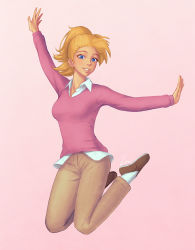 Rule 34 | 1girl, arm up, blonde hair, blue eyes, breasts, brown footwear, brown pants, collared shirt, commission, dress shirt, grin, legs up, long sleeves, looking at viewer, medium breasts, original, outstretched arms, outstretched hand, pants, partially unbuttoned, pink background, pink shirt, ponytail, shirt, short hair, short ponytail, signature, simple background, smile, socks, solo, umigraphics, white socks, wing collar
