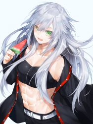 Rule 34 | 1girl, abs, bandeau, belt, black coat, black pants, breasts, coat, collarbone, commentary request, cowboy shot, eyes visible through hair, food, green eyes, hair between eyes, heterochromia, highres, holding, holding food, long hair, long sleeves, looking at viewer, messy hair, midriff, muscular, muscular female, navel, open clothes, open coat, open mouth, original, pants, popsicle, shiny skin, sidelocks, silver hair, simple background, small breasts, smile, solo, waka (shark waka), watermelon bar, white belt, yellow eyes, zipper
