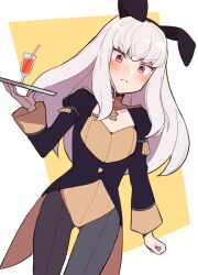 Rule 34 | 1girl, adapted costume, animal ears, blush, chinese zodiac, coattails, cup, do m kaeru, drinking glass, drinking straw, embarrassed, fake animal ears, female focus, fire emblem, fire emblem: three houses, flat chest, frown, gluteal fold, holding, holding tray, long hair, lysithea von ordelia, nintendo, nontraditional playboy bunny, rabbit ears, red eyes, seamed legwear, solo, tray, white hair, year of the rabbit