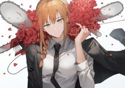 Rule 34 | 1girl, arm up, black necktie, braid, braided ponytail, breasts, business suit, chainsaw, chainsaw man, commentary, denji (chainsaw man), flower, formal, gompang, hair up, looking at viewer, makima (chainsaw man), medium breasts, necktie, off shoulder, orange hair, petals, red flower, red rose, rose, shirt, sidelocks, simple background, smile, solo, string, string of fate, suit, upper body, white background, white shirt, yellow eyes
