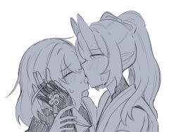 Rule 34 | 2girls, baboomasu, blush, bow, closed eyes, closed mouth, commentary, elbow gloves, fingerless gloves, gloves, greyscale, hair bow, hair ornament, half-closed eyes, hand on another&#039;s head, high ponytail, highres, hinoshita kaho, horns, japanese clothes, kimono, licking, link! like! love live!, long hair, looking at another, love live!, medium hair, monochrome, multiple girls, nose blush, oni, otomune kozue, rabbit hair ornament, setsubun -mi- (love live!), sidelocks, simple background, skin-covered horns, sweatdrop, two side up, virtual youtuber, white background, yuri
