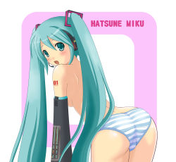 Rule 34 | 1girl, :o, aqua eyes, aqua hair, ass, bent over, blush, detached sleeves, from behind, hatsune miku, headset, kaiware, kaiware-san, lace, lace-trimmed panties, lace trim, long hair, looking back, open mouth, panties, solo, striped clothes, striped panties, topless, twintails, underwear, very long hair, vocaloid