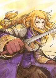 Rule 34 | 1girl, agrias oaks, armor, bad id, bad pixiv id, blonde hair, braid, braided ponytail, brown eyes, brown gloves, clenched teeth, corset, cowboy shot, final fantasy, final fantasy tactics, gloves, knight, long hair, looking at viewer, low-tied long hair, pompi, shoulder pads, single braid, solo, sword, teeth, upper body, weapon