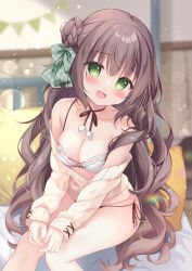 1girl black_panties blurry blurry_background bow bra breasts brown_hair cardigan cleavage green_eyes highres indoors large_breasts long_hair no_pants off_shoulder open_mouth original panties partially_unbuttoned pillow pink_bow shirosei_mochi side-tie_panties sitting smile underwear white_bra