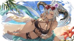 Rule 34 | 1girl, alternate costume, arm support, artist name, ayacho, barefoot, beach, beads, belly chain, bikini, black bikini, black nails, blue ribbon, blue sky, blush, border, breasts, cleavage, closed mouth, cloud, commission, cross-laced clothes, curled horns, dark-skinned female, dark skin, day, detached sleeves, dragon horns, draph, eyewear on head, fang, fang out, fediel (granblue fantasy), fingernails, flipped hair, floating hair, flower, full body, gem, granblue fantasy, grey hair, groin, hair between eyes, hair flower, hair ornament, halterneck, heart, heart-shaped eyewear, hibiscus, high ponytail, highres, horizon, horn ornament, horn ribbon, horns, jewelry, large breasts, lens flare, long fingernails, long hair, looking at viewer, lying, multi-strapped bikini, nail polish, naughty face, navel, o-ring, o-ring bikini, o-ring top, ocean, on side, outdoors, palm leaf, ponytail, purple eyes, purple flower, purple gemstone, red-framed eyewear, red flower, ribbon, side-tie bikini bottom, sideboob, sidelocks, signature, skeb commission, skindentation, sky, smile, sunglasses, swimsuit, thank you, thick thighs, thigh strap, thighs, v-shaped eyebrows, very long hair, water, white border, white flower