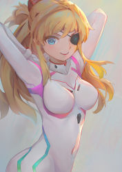 Rule 34 | 1girl, absurdres, armpits, arms behind head, arms up, blonde hair, blue eyes, bodysuit, breasts, covered navel, evangelion: 3.0+1.0 thrice upon a time, eyepatch, grey background, highres, kiiro kimi, long hair, looking at viewer, medium breasts, neon genesis evangelion, open mouth, plugsuit, rebuild of evangelion, skin tight, smile, solo, souryuu asuka langley, white bodysuit, wide hips