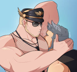 Rule 34 | 2boys, absurdres, artist name, bandaid, bandaid on face, bandaid on nose, bara, beard, blonde hair, close-up, closed eyes, drooling, face in armpit, facial hair, fishnet top, fishnets, grey hair, gyee, hand on another&#039;s head, hat, highres, large pectorals, male focus, manly, master (gyee), mature male, multiple boys, muscular, muscular male, nipples, pectorals, saliva, santos (gyee), signature, steam, sunglasses, thick arms, thick eyebrows, upper body, vvulfbara