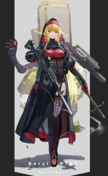 Rule 34 | 1girl, absurdres, assault rifle, blonde hair, boots, copyright request, cross-laced footwear, crossed legs, dual wielding, grenade launcher, grin, gun, habit, highres, holding, iltusa, lace-up boots, looking at viewer, magazine (weapon), mechanical arms, medium hair, military, milkor mgl, rifle, shadow, smile, solo, tagme, thigh boots, thighhighs, trigger discipline, two-tone footwear, weapon, weapon request, yellow eyes